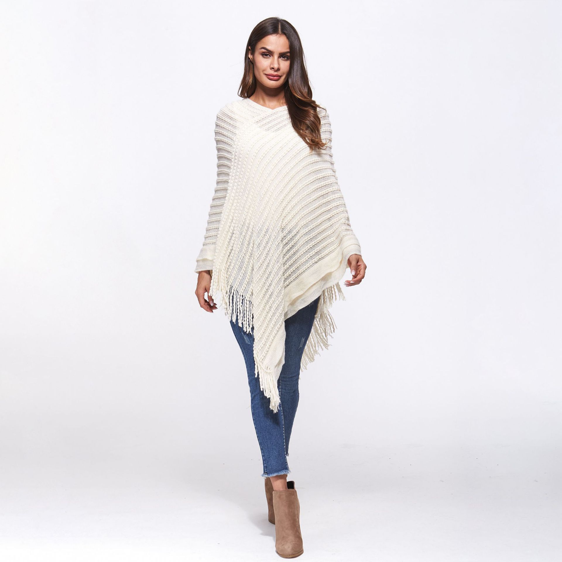 SZ60183-1 Loose Style Tassels Knit Irregular Cloak Sweater